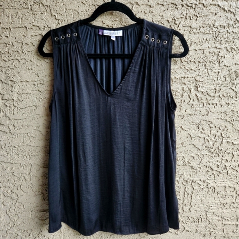 Jennifer Lopez Black Blouse Gold Grommets Size Medium - Picture 2 of 11